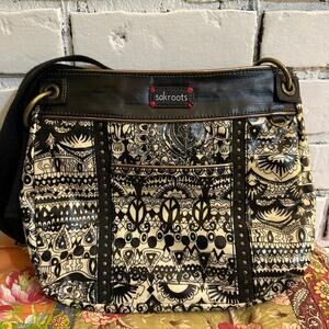 Sakroots Black and Cream Vinyl Peace Sign Crossbody Bag